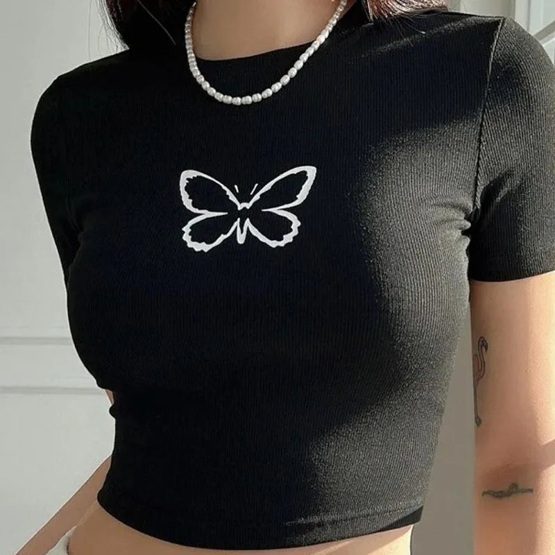 Camiseta corta de cuello redondo con estampado de mariposa Y2K, top ajustado de manga corta para primavera/verano