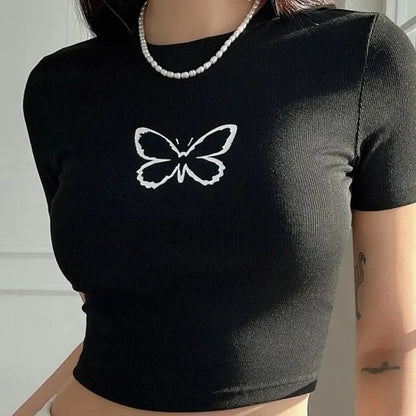 Camiseta corta de cuello redondo con estampado de mariposa Y2K, top ajustado de manga corta para primavera/verano