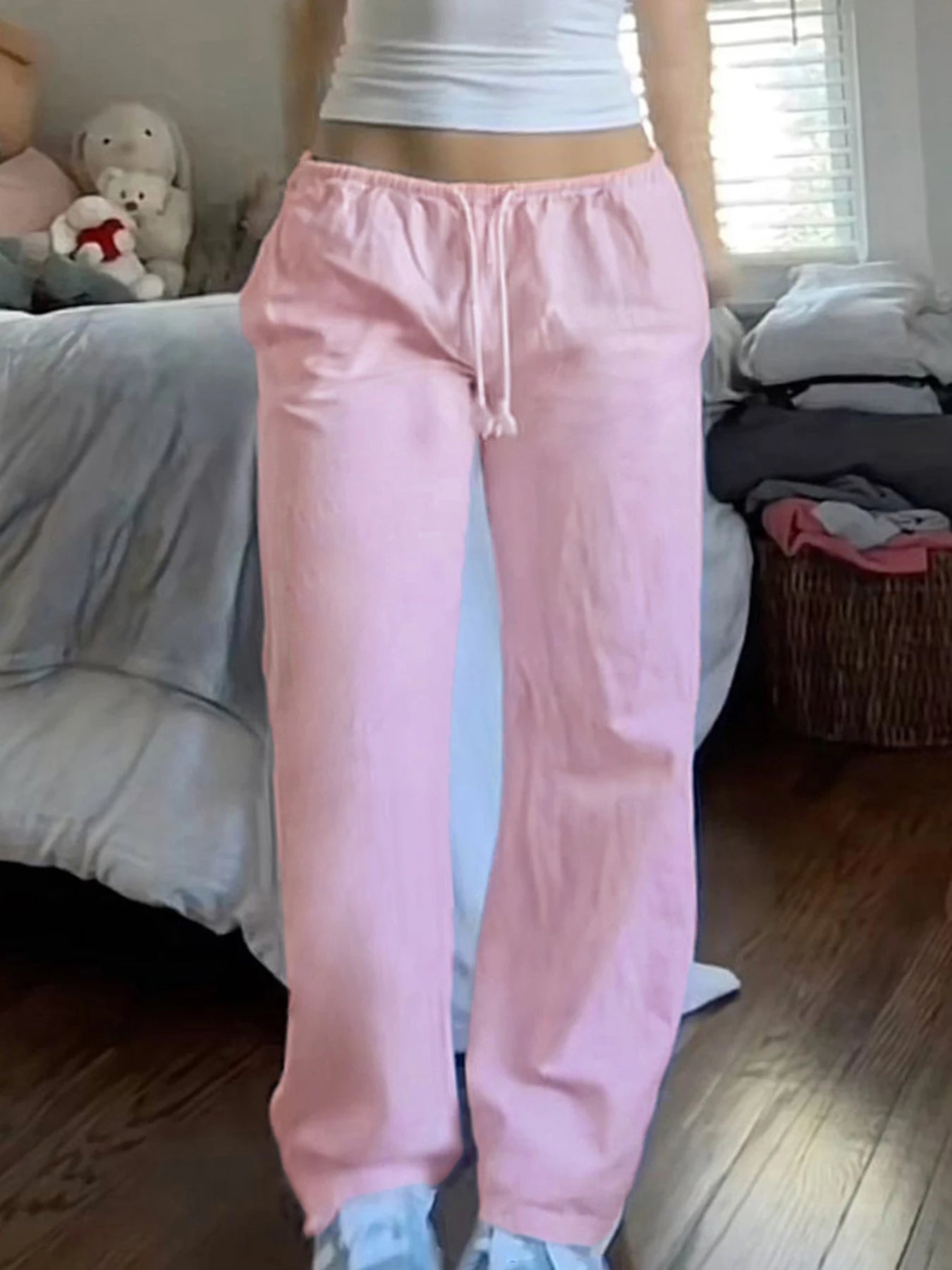 Pantalones de chándal holgados de color rosa liso, informales, de pierna recta, con cordón y cintura baja, estilo Y2K