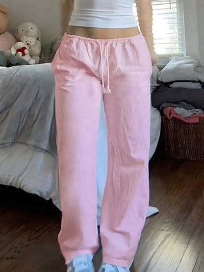 Pantalones de chándal holgados de color rosa liso, informales, de pierna recta, con cordón y cintura baja, estilo Y2K