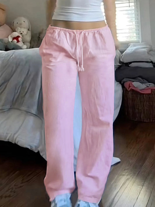 Pantalones de chándal holgados de color rosa liso, informales, de pierna recta, con cordón y cintura baja, estilo Y2K