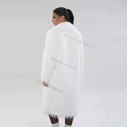 Abrigo de piel ecológica con plumas de High Street para mujer, chaqueta de piel sintética de zorro con solapa de invierno, abrigo largo y esponjoso liso para mujer