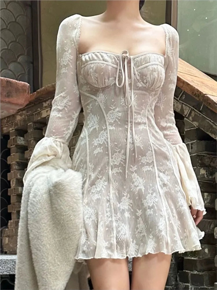 Minivestido de encaje francés sexy para mujer, Y2K, con hombros descubiertos, encaje, volantes, corte en A, otoño, primavera, manga larga, vestido de fiesta, vestidos de graduación