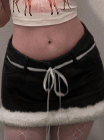 Minifalda negra Hotsweet para mujer, otoño, nueva ropa Y2k, falda de pana con lazo y ribete falso, combina con todo.