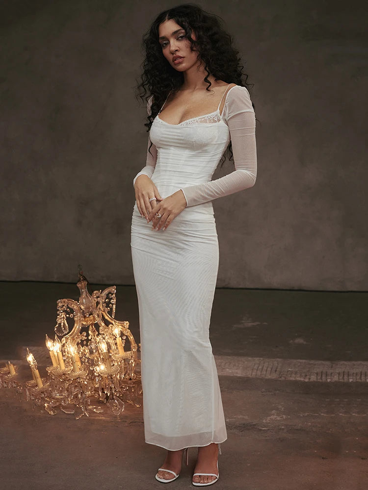 Elegante vestido maxi sexy de manga larga transparente para mujer, vestido largo sexy de malla sin tirantes y espalda descubierta para fiesta en club, nuevo