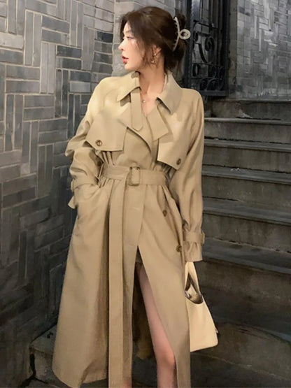 Autumn Winter Khaki Long Trench Coat for Women  Jacket Elegant Outerwear Turn-down Collar Tie Belt Korean Chic Windbreaker