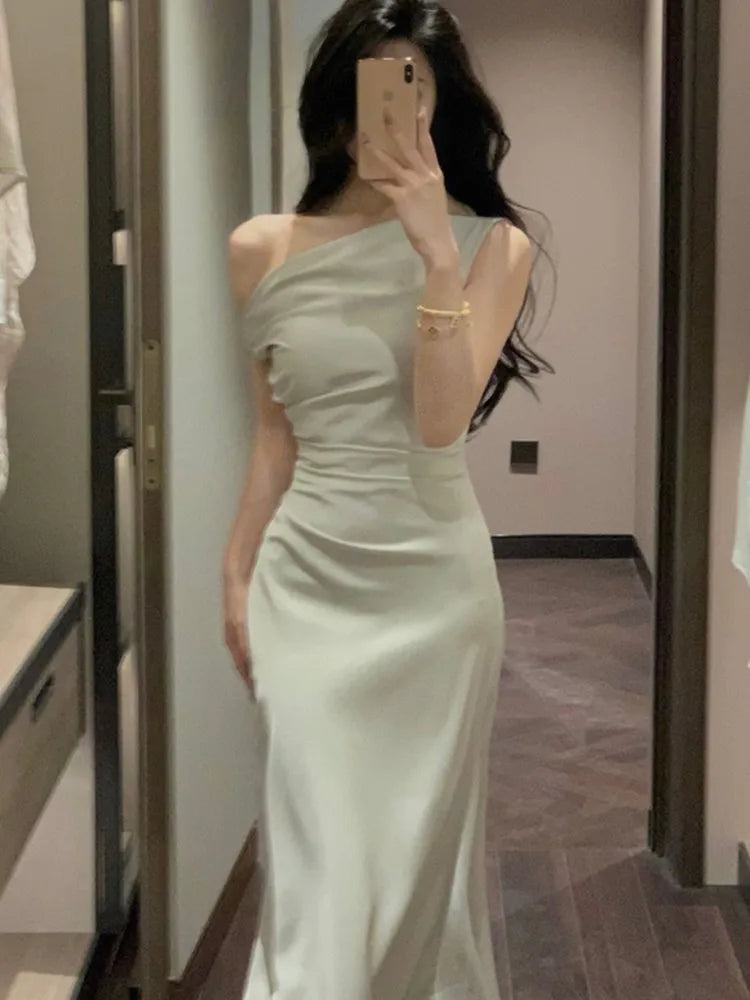 Elegante vestido largo ajustado de satén para mujer, con hombros descubiertos, liso, estilo sirena francesa, para boda, fiesta de noche, graduación