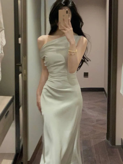 Elegante vestido largo ajustado de satén para mujer, con hombros descubiertos, liso, estilo sirena francesa, para boda, fiesta de noche, graduación