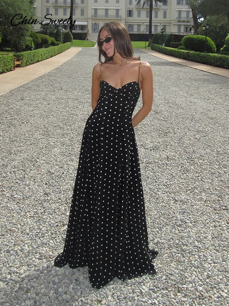 Elegant Dot Strapless Maxi Dress Women Pleat V-neck Sleeveless Backless High Waist A-line Dresses 2025 Summer Vacation Robes New