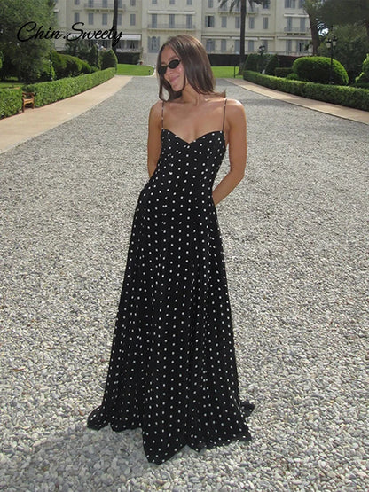 Elegant Dot Strapless Maxi Dress Women Pleat V-neck Sleeveless Backless High Waist A-line Dresses 2025 Summer Vacation Robes New