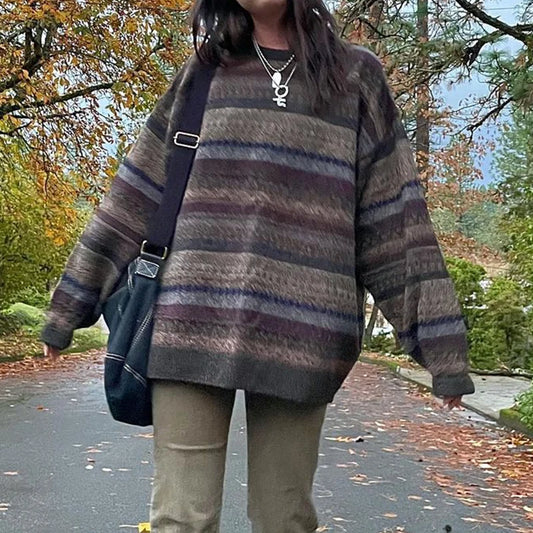 Suéter de punto a rayas retro grunge preppy de otoño, jerséis de cuello redondo y manga larga, estética Fairycore vintage Y2K, jerséis de abuelo