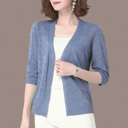 Fashion Thin Knitted Cardigan Summer Ice Silk Sun Protection Coat Women’s Short Knit Sweater Fashion Hollow Out Shawl Jacket