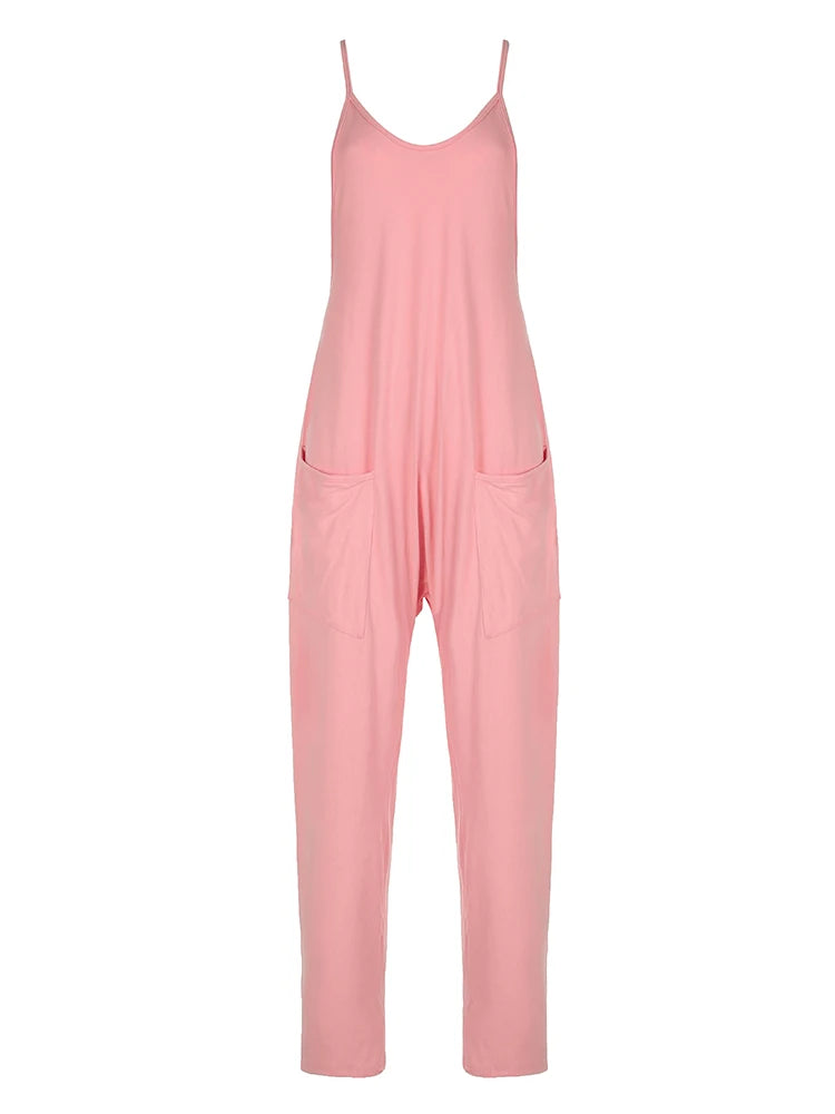 Monos de mujer con tirantes y bolsillos holgados estilo hippie, estilo informal, ropa de calle