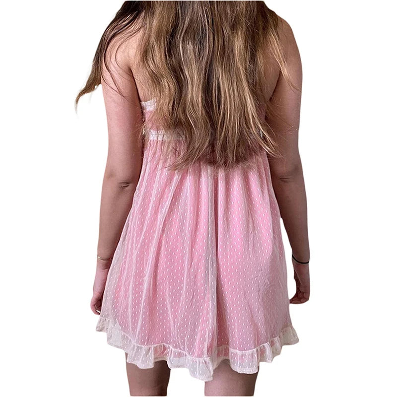 y2k Kawaii Pink A-line Dress  Summer Women Lace Mini Sundress Fashion Harajuku Sweet E Girl Clothes Streetwear