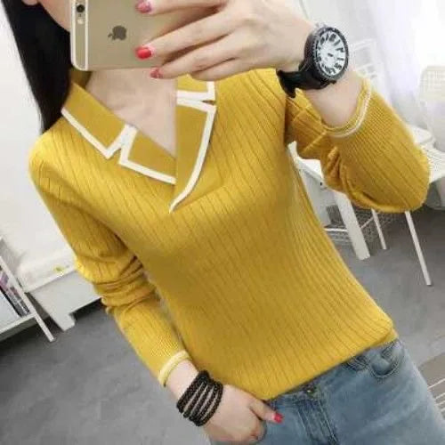 Suéter de punto estilo otoño-invierno para mujer, top informal con cuello en V, DF4922