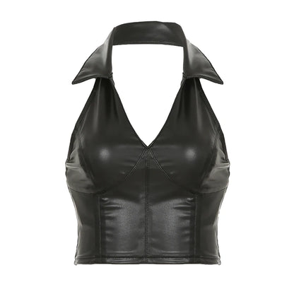 Tops cortos de cuero ajustados y sexys de Gyaru para mujer, con cuello vuelto y cuello halter, diseño moderno sin espalda.