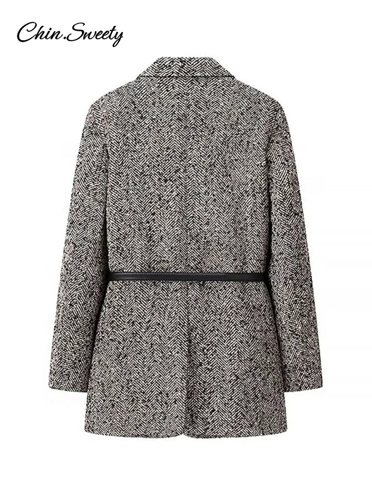 Chaqueta de invierno con cinturón para mujer, chaqueta holgada de mezcla de lana y tweed con solapa, cálida, elegante, para desplazamientos diarios