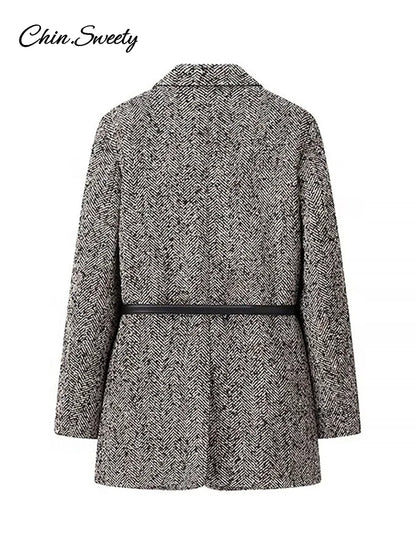 Chaqueta de invierno con cinturón para mujer, chaqueta holgada de mezcla de lana y tweed con solapa, cálida, elegante, para desplazamientos diarios