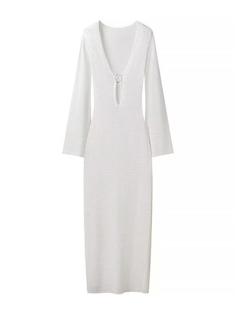 Vestido de otoño de punto calado para mujer, transparente, con escote en V, sin espalda, informal, para playa, vacaciones, maxivestido de punto, vestido de mujer nuevo