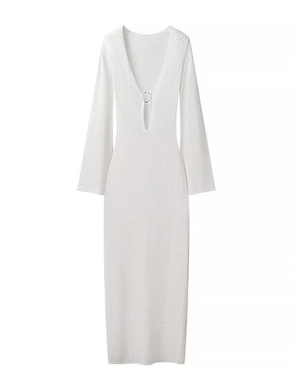 Vestido de otoño de punto calado para mujer, transparente, con escote en V, sin espalda, informal, para playa, vacaciones, maxivestido de punto, vestido de mujer nuevo