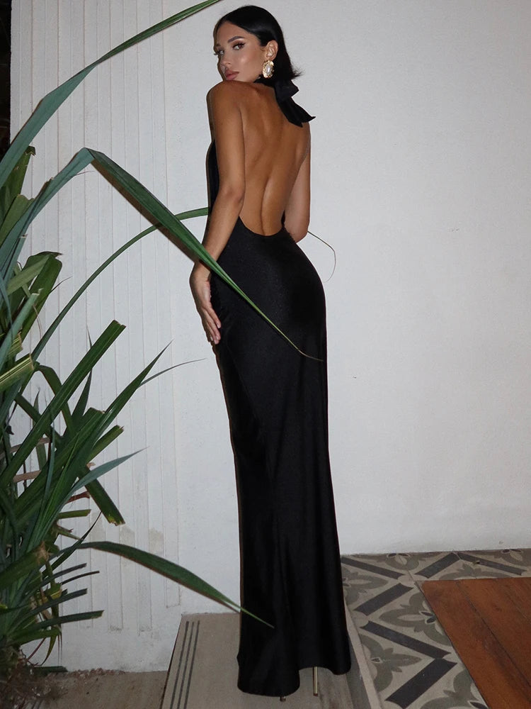 Halter Deep V Neck Backless Sexy Maxi Dress For Women Fashion Solid Sleeveless Bodycon Club Party Evening Long Dress
