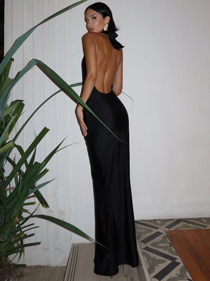 Halter Deep V Neck Backless Sexy Maxi Dress For Women Fashion Solid Sleeveless Bodycon Club Party Evening Long Dress