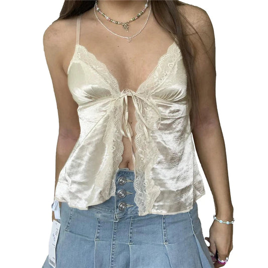 Camisola de encaje de verano para mujer, top beige rosa sin mangas con cuello en V, top ajustado, top corto dulce y sexy a la moda