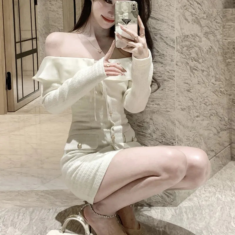 Elegante vestido corto de tweed con cuello oblicuo para mujer, manga larga, cintura estrecha, vestido de fiesta de cumpleaños, moda coreana, Vestidos para mujer