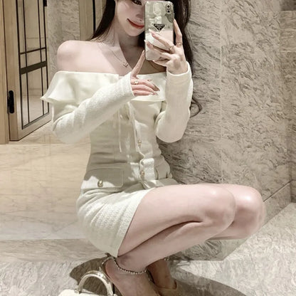 Elegante vestido corto de tweed con cuello oblicuo para mujer, manga larga, cintura estrecha, vestido de fiesta de cumpleaños, moda coreana, Vestidos para mujer