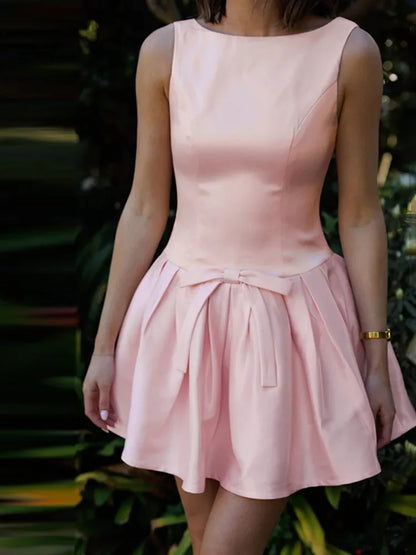 Vestido sexy ajustado sin mangas con lazos para mujer, vestido mini con pliegues y empalme sin espalda, elegante vestido de fiesta de cumpleaños de cintura alta.