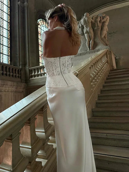 Conjunto de dos piezas de vestido de encaje para mujer, estilo retro, sin tirantes, con parte superior de espinas de pescado, falda ajustada lisa, elegante conjunto de vestido de fiesta para mujer