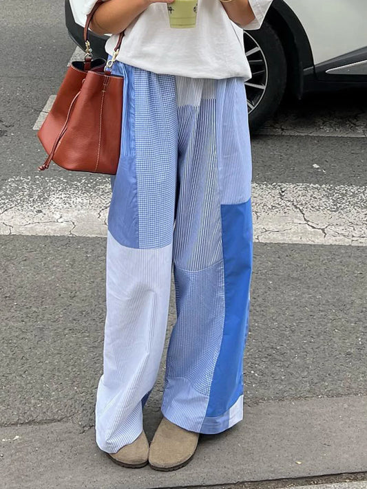 Pantalones holgados con diseño de bloques de color grunge y rayas azules para mujer, cintura elástica, sueltos, informales, tejidos, ropa de casa informal