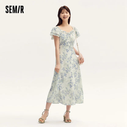 Dress Women Square Neckline Ruffled Trim And Short Flutter Sleeve  Summer New Fresh And Delicate Chiffon Floral Dress