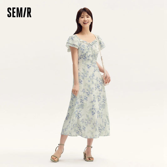 Dress Women Square Neckline Ruffled Trim And Short Flutter Sleeve  Summer New Fresh And Delicate Chiffon Floral Dress