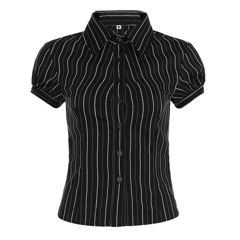 Black White Striped Button Tee Shirt Y2K Women Casual Puff Sleeve Fitted Crop Top Casual Retro Turndown Collar Tops
