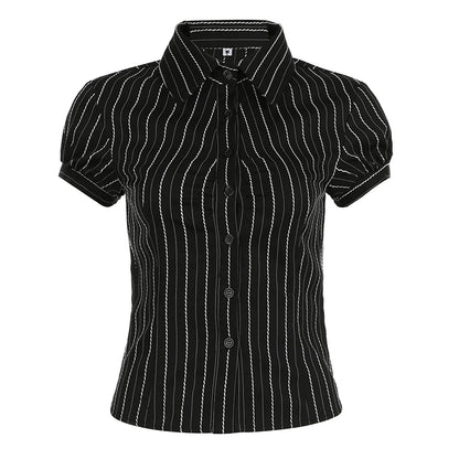 Black White Striped Button Tee Shirt Y2K Women Casual Puff Sleeve Fitted Crop Top Casual Retro Turndown Collar Tops