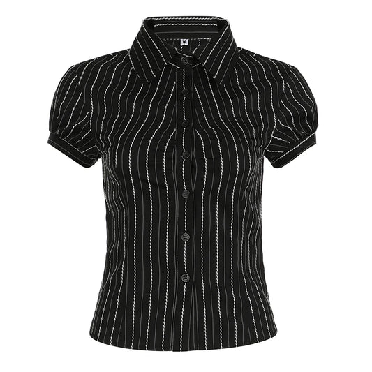 Camiseta con botones a rayas blancas y negras Y2K para mujer, top corto ajustado informal con mangas abullonadas y cuello vuelto estilo retro