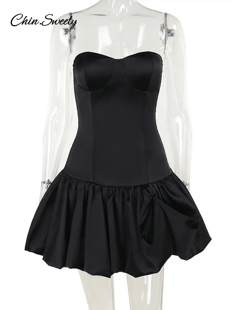 Elegant Strapless Ruched A-line Short Dress Women Slim Off Shoulder Backless Party Dress  Autumn Lady Solid Evening Gowns