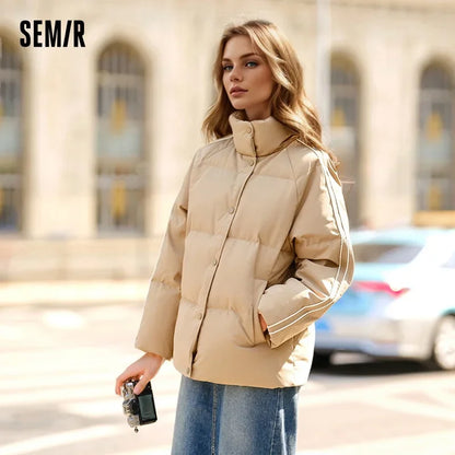 Down Jacket Women Stand-Up Collar Contrast Color Raglan Sleeve Loose  Winter New Three-Proof Windproof Down Jacket