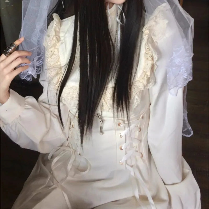 Vestidos midi estilo japonés Kawaii con cordones para mujer, vestido de fiesta de princesa, manga larga, cuello redondo, cintura alta, Y2K, vestidos góticos para mujer