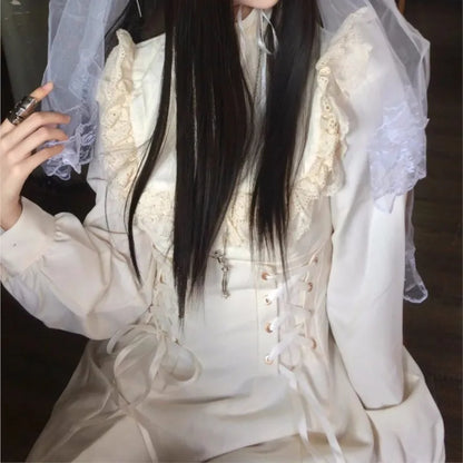 Vestidos midi estilo japonés Kawaii con cordones para mujer, vestido de fiesta de princesa, manga larga, cuello redondo, cintura alta, Y2K, vestidos góticos para mujer