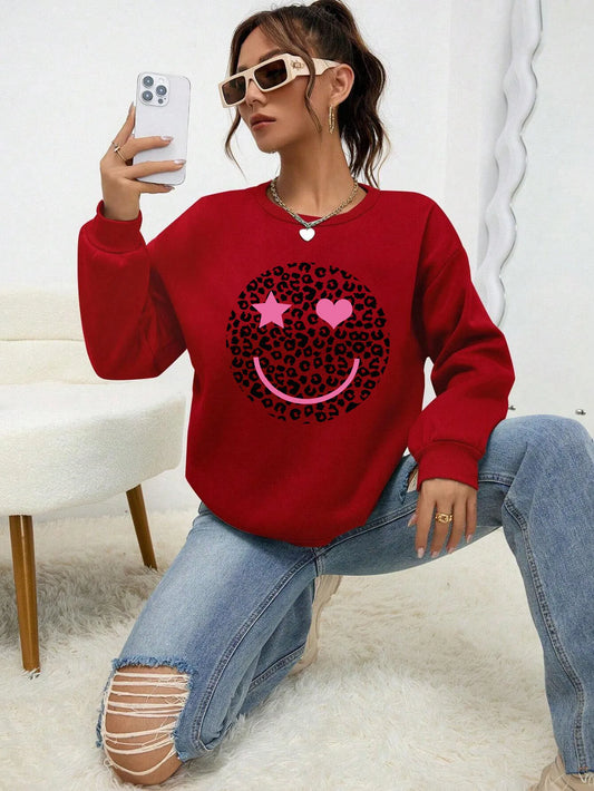 Leopard Print Smile Face Love Printed Sweatshirt Womens Autumn Soft Hoody Fleece Warm Hoodies Street All-Match Female Pullover