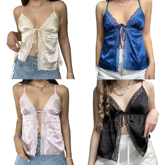 Camisola de encaje de verano para mujer, top beige rosa sin mangas con cuello en V, top ajustado, top corto dulce y sexy a la moda