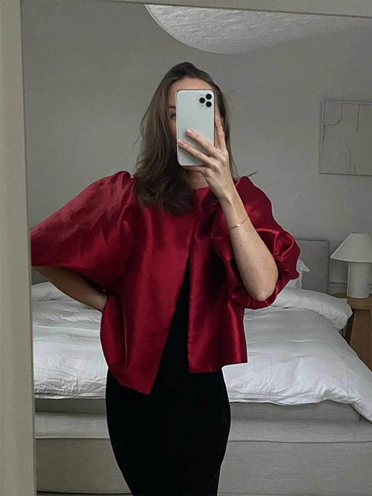 Blusas elegantes con mangas abullonadas y cuello redondo para mujer, estilo vintage, holgadas y lisas, con una sola botonadura, para verano