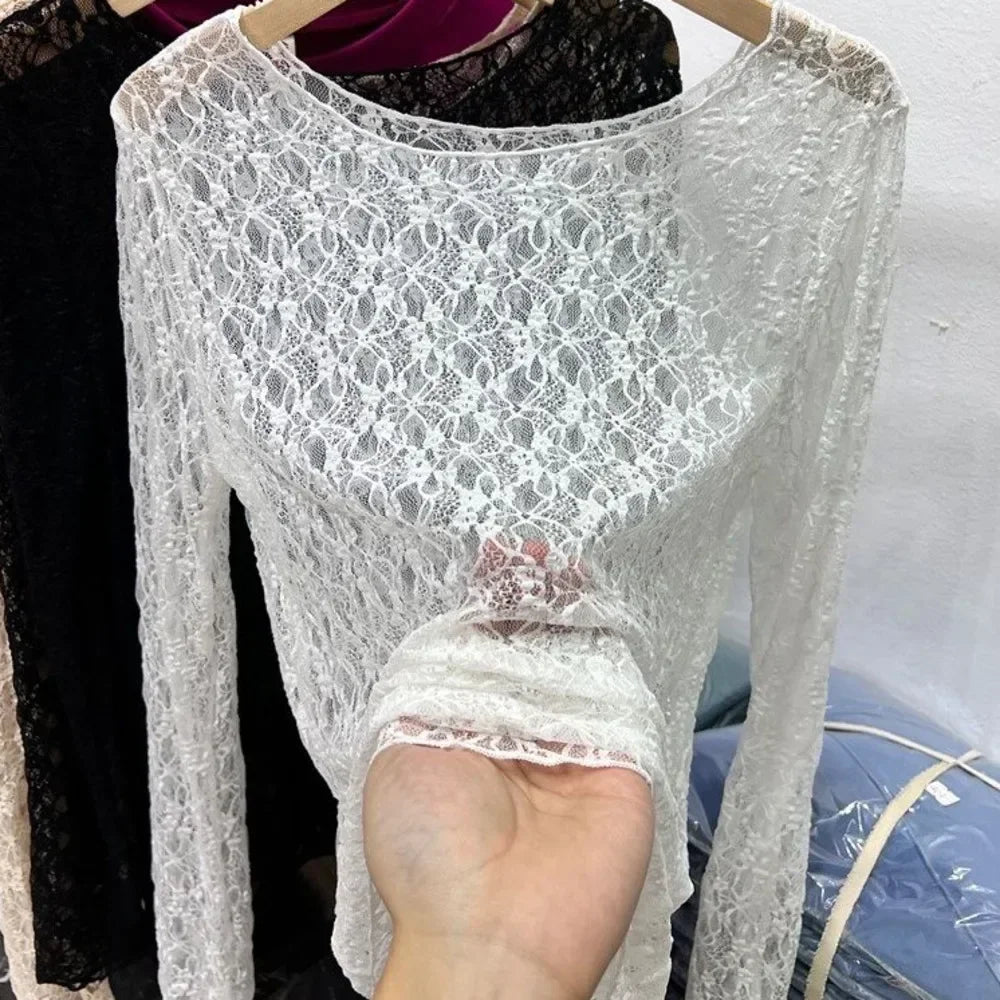 Camisetas de cuello alto y malla de encaje para mujer, camisetas de manga larga para otoño, estilo informal, ajustadas y finas, ropa para mujer