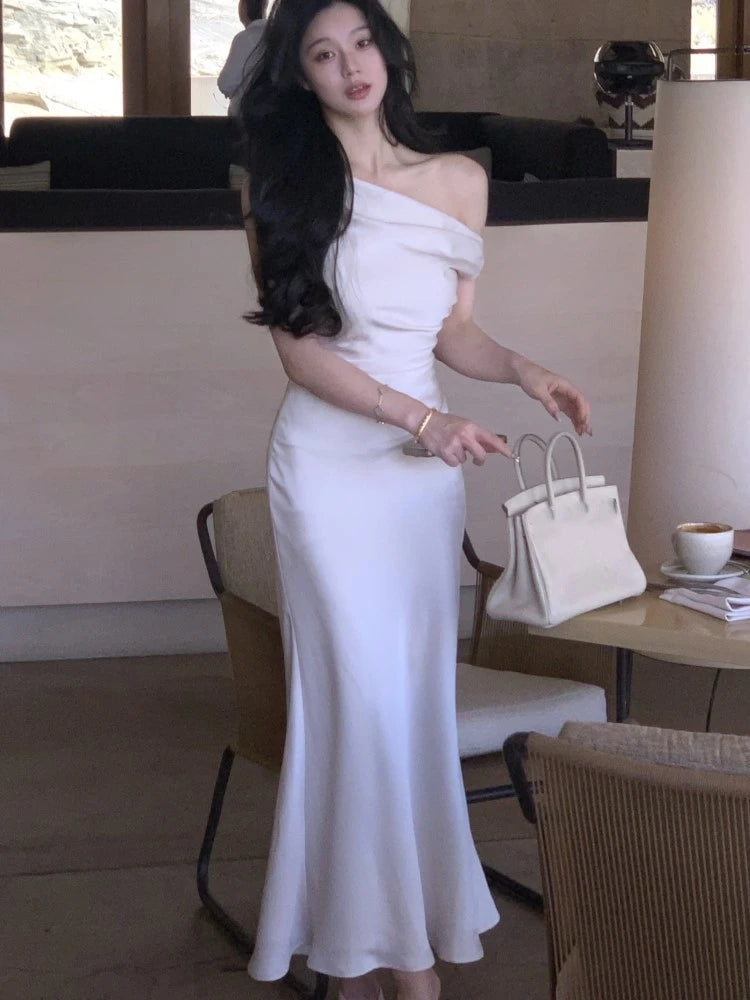Elegante vestido largo ajustado de satén para mujer, con hombros descubiertos, liso, estilo sirena francesa, para boda, fiesta de noche, graduación