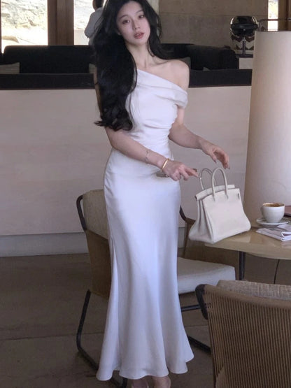 Elegante vestido largo ajustado de satén para mujer, con hombros descubiertos, liso, estilo sirena francesa, para boda, fiesta de noche, graduación