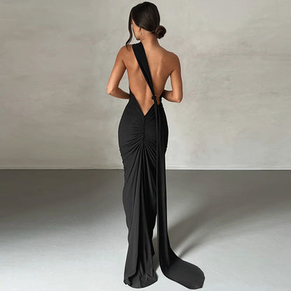 Oblique Shoulder Backless Maxi Dress For Women Gown Summer Back Strap Sleeveless Ruched Party Sexy Long Dress Vestidos