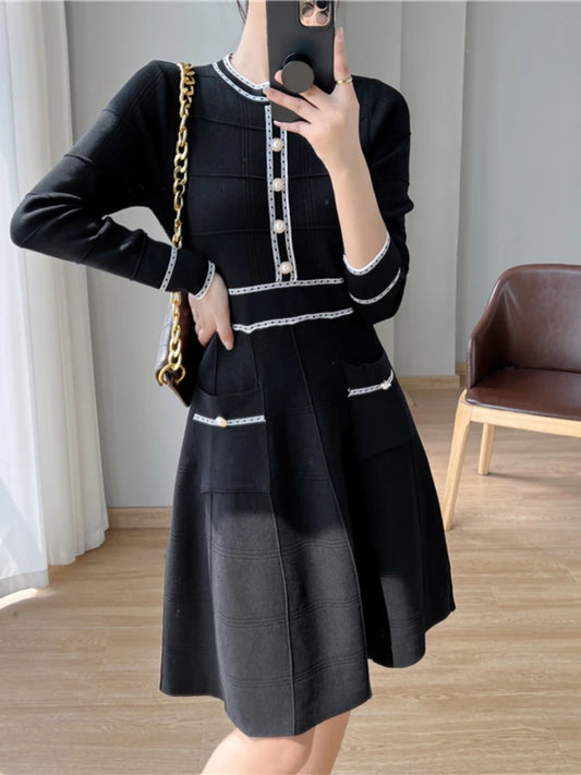 Vestidos de fiesta vintage de primavera para mujer, elegante vestido midi de punto ajustado, línea A, moda coreana, otoño, Vestidos para mujer