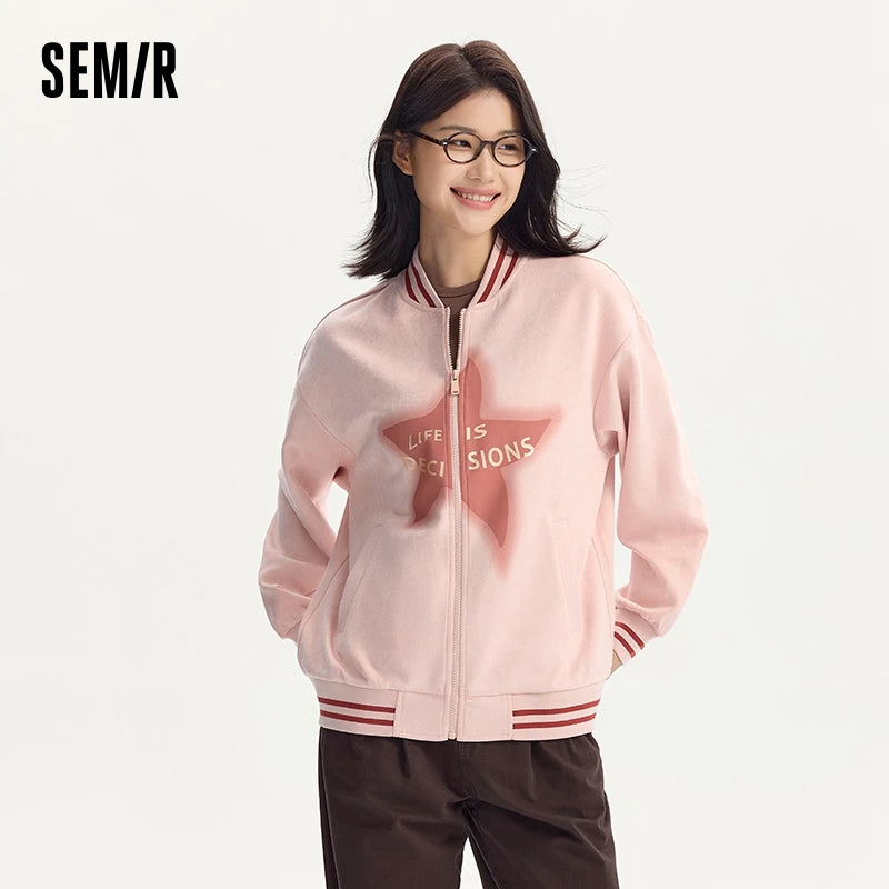 Abrigo de mujer de largo medio de gamuza sintética, chaqueta holgada de color contrastante, abrigo de béisbol con estrellas estilo retro americano con letras de otoño